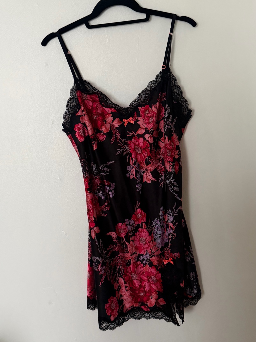 Vintage Victoria's Secret Black Slip Dress With Pink Floral Print